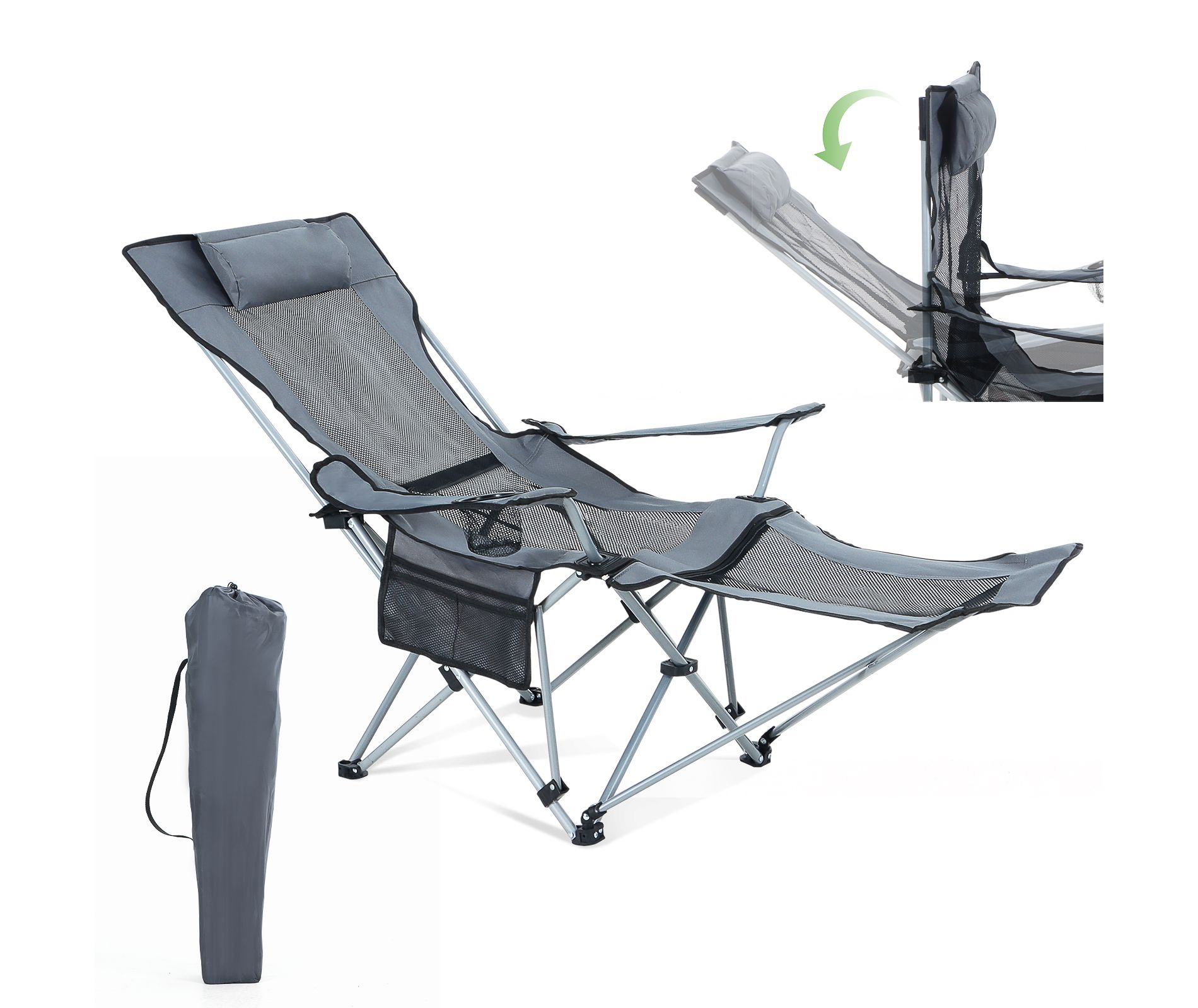 MUKE Camping Chair, Adjustable Recliner Chair with Footrest, Headrest, Cup Holder & Storage, Indoor & Outdoor Comfort