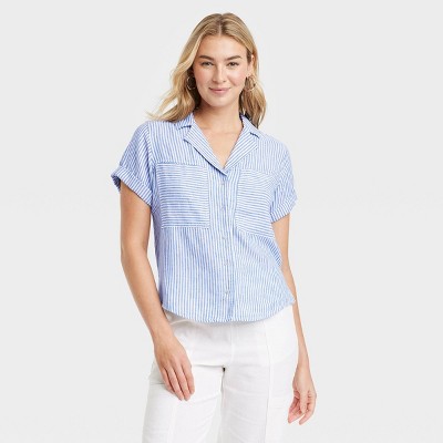Women's Short Sleeve Collared Button-Down Shirt - Universal Thread™ Blue Striped XS