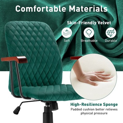 Green Velvet Adjustable Swivel Task Chair with Wooden Armrests