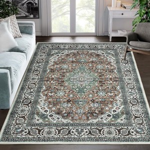 Acekool 4x6 Modern Abstract Area Rug, Machine Washable, Non Slip, Low Pile, Foldable Vintage Medallion Carpet for Living Room Bedroom, Green Coffee - 1 of 4