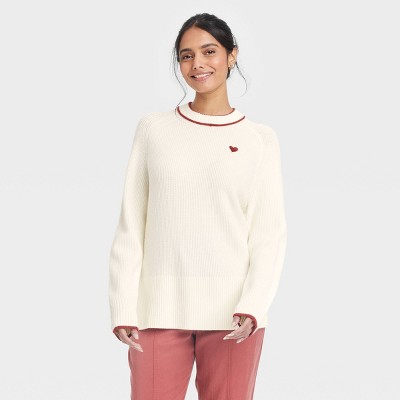 Women's Valentine's Crewneck Pullover Sweater - A New Day™ Cream Hearts S