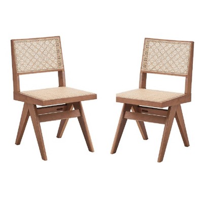 Royal Hampton 22 Inch Side Dining Chair Set of 2, Woven Rattan, Natural Brown Wood