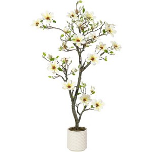 Faux Southern Magnolia Plant Yellow Flowered Magnolia, Artificial Magnolia Tree Inc. Realist Touch Flowers Vivid Leaves White Pot Dry Moss - 1 of 4