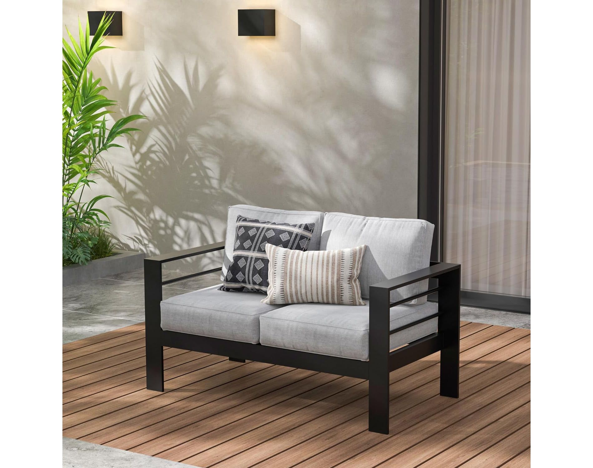 Heynemo Patio Furniture Aluminum Loveseat, All-Weather Outdoor 2 Seats Sofa Couch, Black Metal Chair with Light Grey Cushions Set of 1