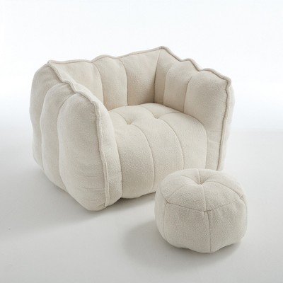 Vynxaria Beige Chenille Square Bean Bag Seats with Footstool for Living Room & Bedroom