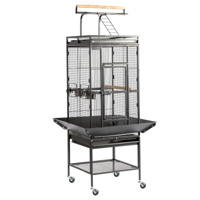 phiestina 65-inch Wrought Iron Large Rolling Bird Cage with Play Top and Stand for Parrots, Lovebirds, Cockatiels, Parakeets, Black