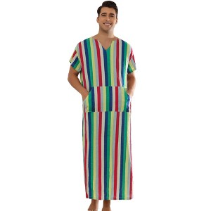 Lars Amadeus Men's V Neck Short Sleeves Color Block Striped Nightshirt - 1 of 4