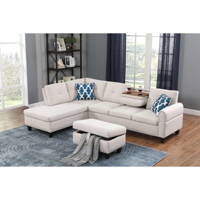 MYINDA Sectional Couches for Living Room, 98'' Modular Sectional Sofa with Ottoman and 2 Cup Holders, Beige