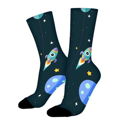 Cartoon Galaxy Space Women Printed Crew Socks Funny Funky Socks Soft Polyester Novelty Gifts for Artists Men