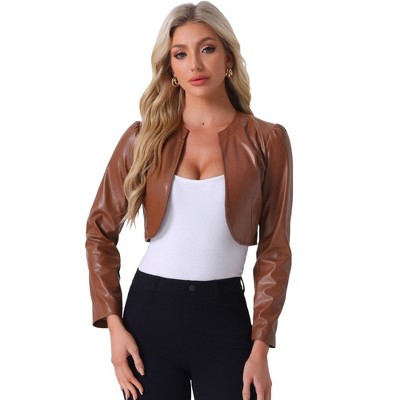 INSPIRE CHIC Women's PU Bolero Open Front Leather Cropped Long Sleeve Jacket