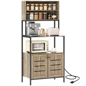 HOMCOM Baker's Rack with Power Outlet, Coffee Bar Cabinet with Storage Shelves, Microwave Stand with Louvred Door Cabinets, Gray Wood Grain - 1 of 4