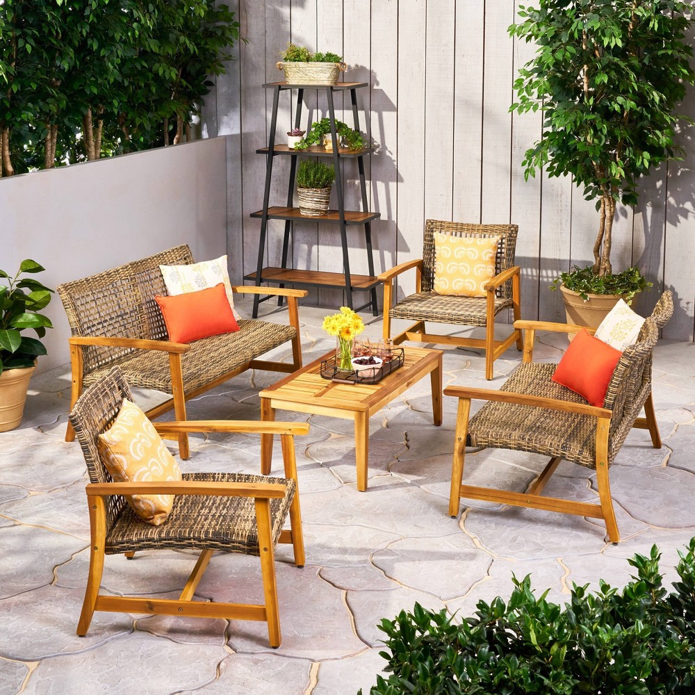 Photos - Garden Furniture Hampton 5pc Wood & Wicker Loveseat Chat Set - Natural/Gray - Christopher K