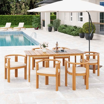 7 PCS Rustic Style Patio Dining Set, Dining Set with Armrest Chairs, Upholstered Dining Chair with Acacia Wood Frame and Cushion-Coolbibila