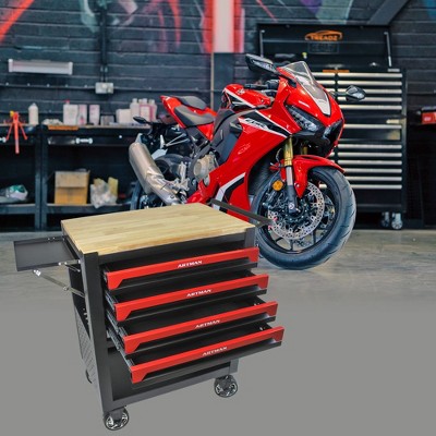 Rolling tool cart with 4 drawers, open storage rack, wooden roof, workbench, garage, warehouse, maintenance workshop, toolbox