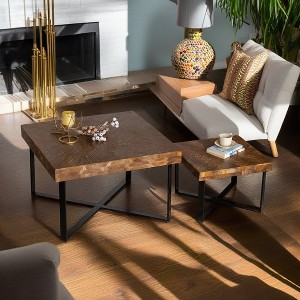 Lovmor 33.86"Modern Retro Splicing Round Coffee Table,Fir Wood Table Top with Gold Cross Legs Base - 1 of 4