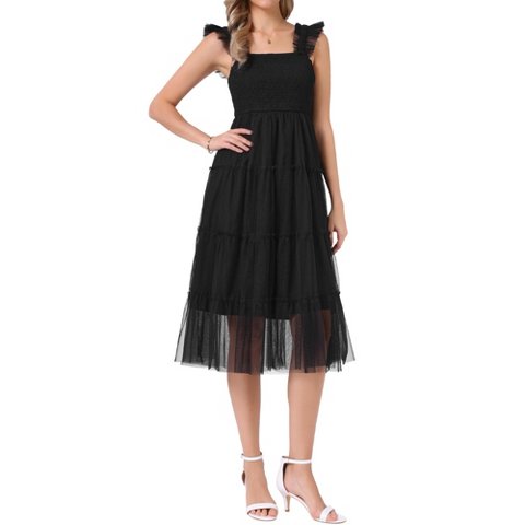 Женские платья INSPIRE CHIC Women's Summer Midi Sleeveless Smocked Square Neck Tiered Ruffled Wedding Guest Dress Medium Black