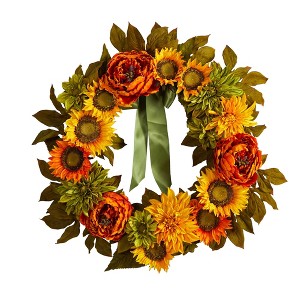 Nearly Natural 24” Peony, Dahlia and Sunflower Artificial Wreath - 1 of 4