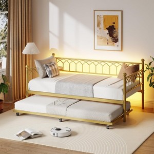 Daybed with Trundle, Metal Twin Trundle Bed with Charging Station, LED Lights and Pull Out Bed, for Living Room, Guest Room, Apartment, Small Spaces - 1 of 4