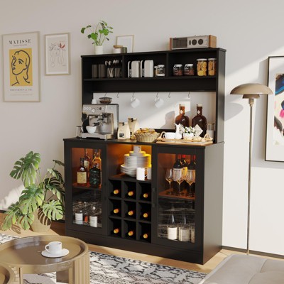 47inch Wine Bar Cabinet with LED Light, Liquor Cabinet Kitchen Coffee Bar Storage with Wine Rack Power Outlet