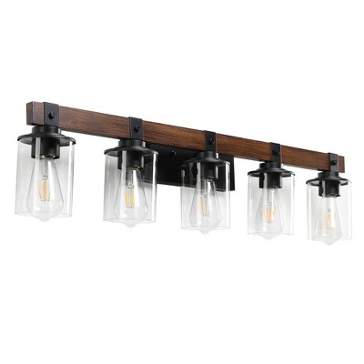 DAKAFUL Industrial Bathroom Vanity Light,Vanity Fixture with Walnut Pole &Clear Glass Shade,3/4/5-Light Wall light for Mirror, Bathroom, Bathtub Area