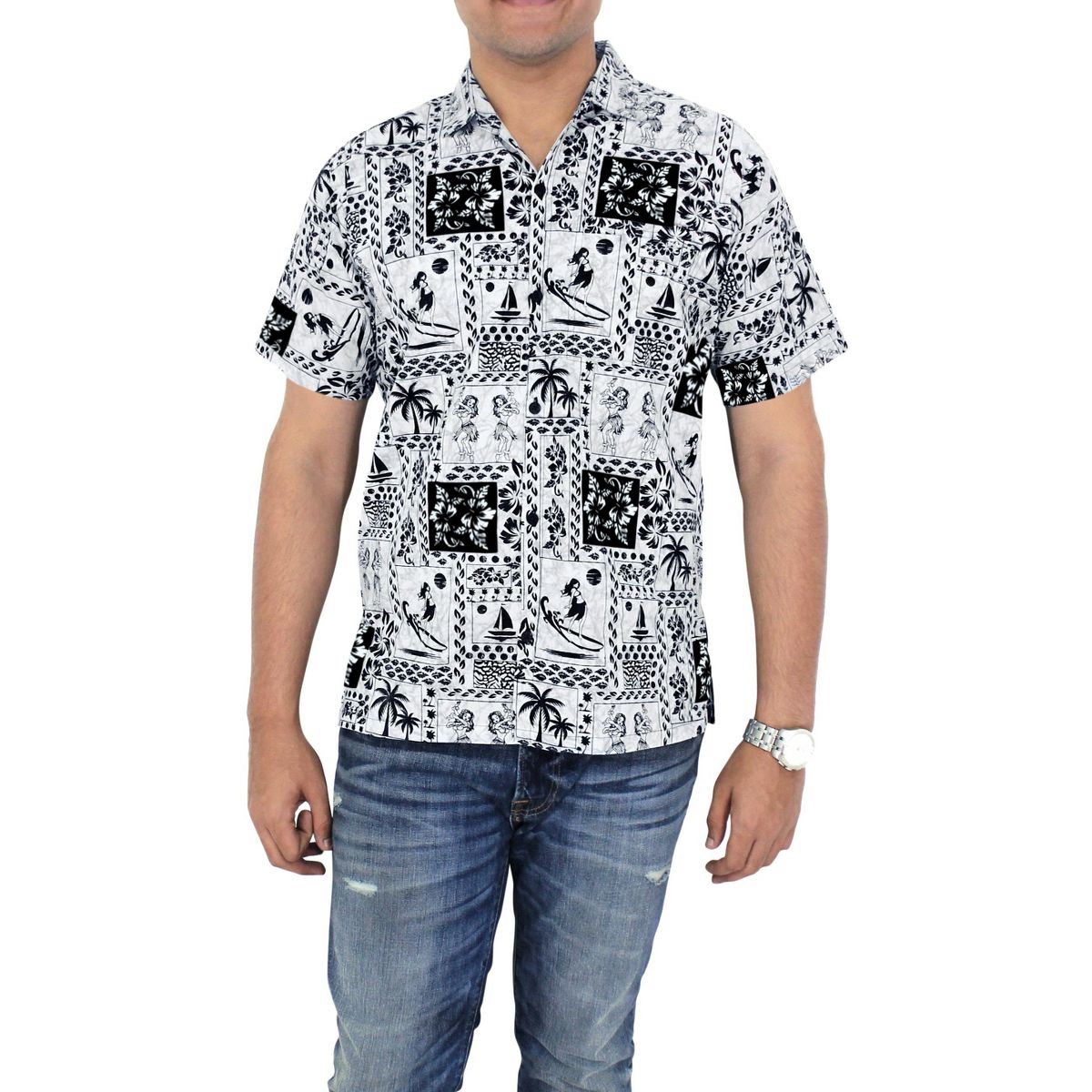LA LEELA Men's Hawaiian Shirt Tropical Floral Beach Shirts Casual Button Down Short Sleeve Shirts for Men M Girly Hawaii Dance, Multicoloured - thumbnail 2