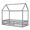 Kids House Bed Twin Size Wood Floor Bed With Fence Roof Pine Platform Bed With Rails Door For Boys Girls - 3 of 4