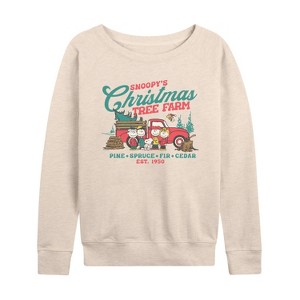Women's - Peanuts - Tree Farm Lightweight French Terry Wide Neck Long Sleeve Graphic Shirt - 1 of 4