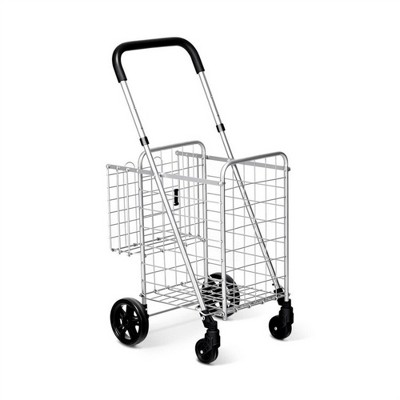 NAYSAYE Folding Shopping Cart Dolly with Double Basket Large Capacity Utility Cart for Grocery Travel Laundry, Silver, 17"*19"*37.5"
