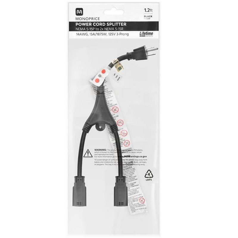 Monoprice Power Cord Splitter Cable - 1.17 Feet - Black | NEMA 5-15P to 2x NEMA 5-15R, 14AWG, 15A, 2 of 6