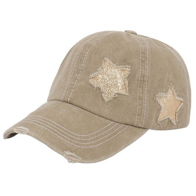 Anna-Kaci Women's Baseball Cap Glitter Star Distressed Ponytail Hat High Messy Bun Ponycap Trucker Dad Hat