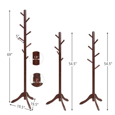 Adjustable Brown Rubber Wood Coat Rack with 8 Hooks