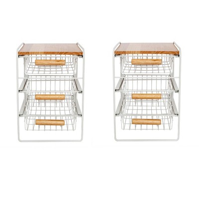 Origami Wood Top Steel Kitchen Organizer 3 Mesh Basket Sliding Drawer (2 Pack)