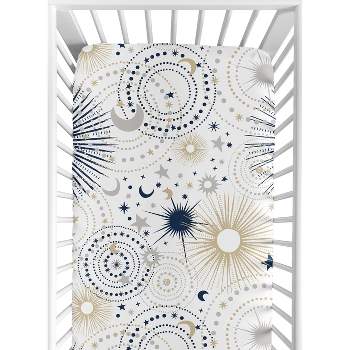 Sweet Jojo Designs Gender Neutral Baby Fitted Crib Sheet Celestial Navy Blue Gold and White