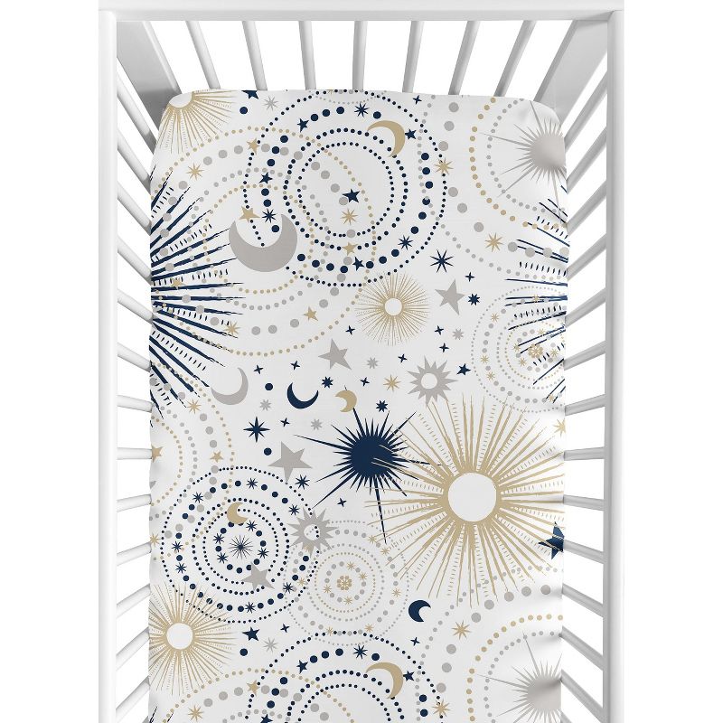 Sweet Jojo Designs Gender Neutral Baby Fitted Crib Sheet Celestial Navy Blue Gold and White, 1 of 8