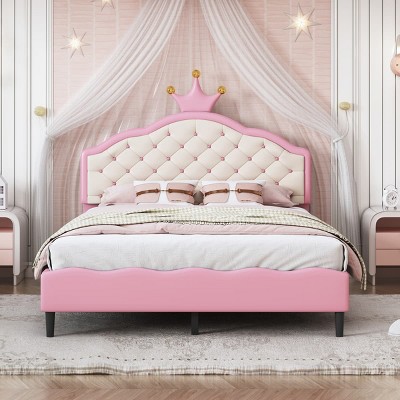 Twin Size Crown Princess Bed with Pink PU Leather Upholstery, Tufted Headboard and Soft Padded Frame for Girls Bedroom-Maison Boucle