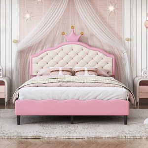 Twin Size Crown Princess Bed with Pink PU Leather Upholstery, Tufted Headboard and Soft Padded Frame for Girls Bedroom-Maison Boucle - 1 of 4