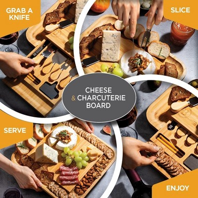 Eco-Friendly Light Brown Bamboo Cheese Board Set with Cutlery Drawer