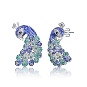 Guili Sterling Silver White Gold Plated Multi-Colored Cubic Zirconia Peacock Stud Earrings, a Vibrant and Regal Jewelry Piece for a Luxe Look - 1 of 2
