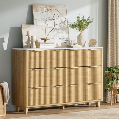 6 Drawer Dresser,55"W Double Dresser,Wood Dresser with Faux Marble Top For Bedroom,Chest Of Drawers Of Storage