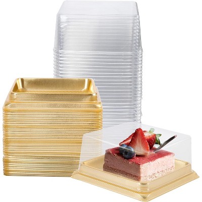 50 Pack Gold Cake Pans 3 inch Bottom, Clear Plastic Mini Cake Box Muffins Cookies Box