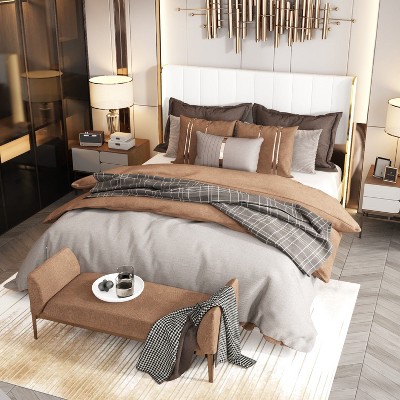 FUFU&GAGA White Queen Size Stylish Minimalist Bed Frame: Upholstered Backrest, Stable Structure, Gold Luxury Feet