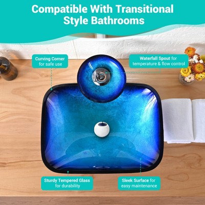 Blue Tempered Glass Rectangular Vessel Sink with Waterfall Faucet