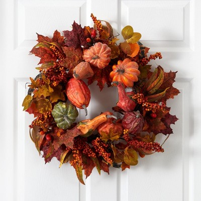 18" Fall Floral Gourd Artificial Front Door Wreath