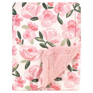 Hudson Baby Infant Girl Plush Blanket with Faux Shearling Back, Green Floral, One Size - 1 of 2