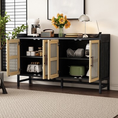Rattan Sideboard Buffet Cabinet, 60'' storage Cabinet,Coffee Bar Cabinet with Adjustable Shelf, Console Cabinet for Kitchen Living Room Hallway