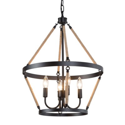 LNC Mocha 4-Light 17.5" Farmhouse Wagon Wheel Small Tiered Chandelier, Matte Black with Hemp Rope