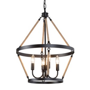 LNC Mocha 4-Light 17.5" Farmhouse Wagon Wheel Small Tiered Chandelier, Matte Black with Hemp Rope - 1 of 4
