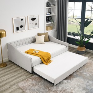 MYINDA Full Size Daybed with Twin Size Trundle Upholstered Tufted Sofa Bed, with Button on Back and Copper Nail on Waved Shape Arms,Beige - 1 of 4