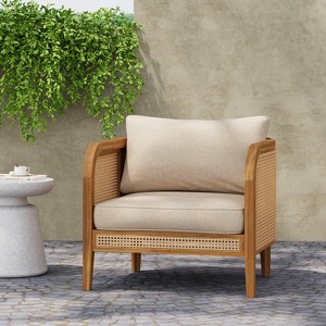 Christopher Knight Home Maciej Patio Rustic Acacia Wood Upholstered Club Chair with Rattan-Wrapped Frame, Teak/Beige - 1 of 4