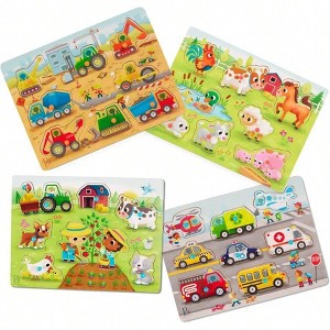 Explore Puzzle 4 - Wood, 8 Pieces, Vehicles, Trucks, Animals, Barnyard, - 1 of 4